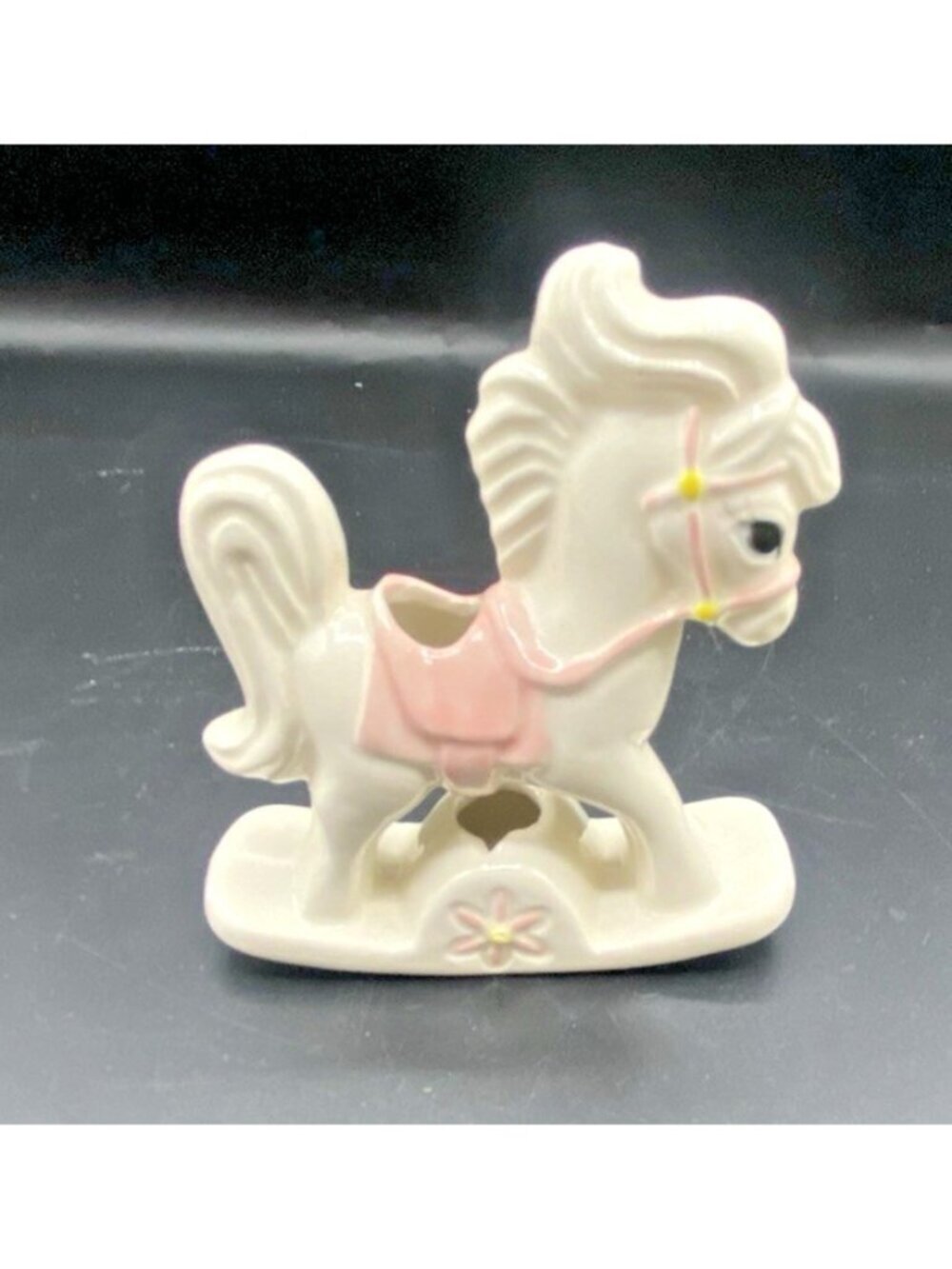 Vintage Porcelain White Pink Rocking Horse Figurine Candle Holder Cake Topper